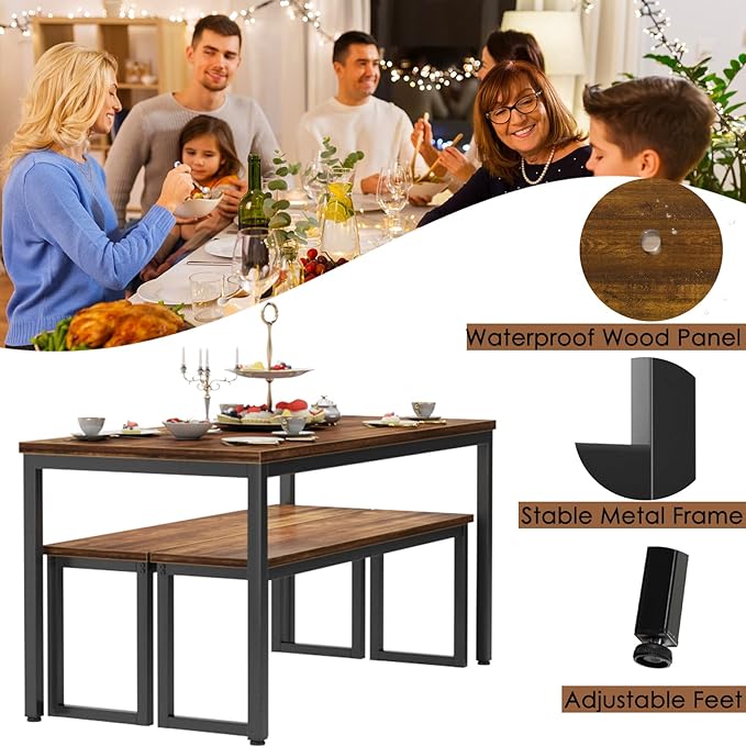 soges Kitchen Table Set with 2 Benches, Bench Dining Table Set for 4, 3 Piece Dining Room Table and Long Benches, Breakfast Table Coffee Table Set, Industrial Style Wooden Kitchen and Dining Room Set - LeafyLoom