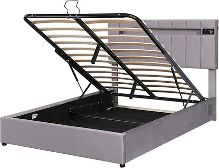 Upholstered Bed Full Size with LED light, Lift Up Storage with Bed Bluetooth Player and USB Charging, Hydraulic Storage Bed with Sturdy Slat Support, Velvet Fabric Bedframe for Kids, Adults - LeafyLoom