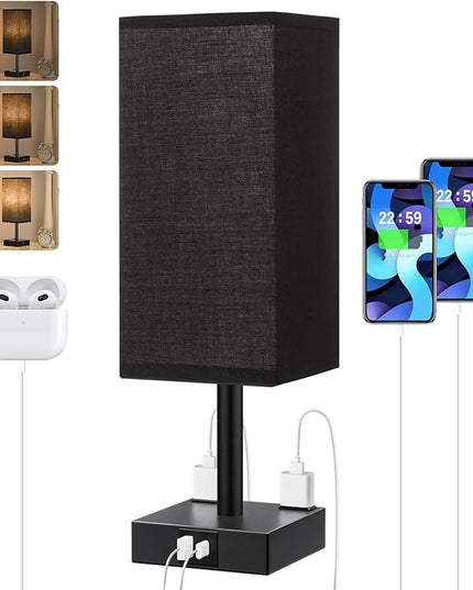 Touch Bedside Table Lamp For Nightstand - 3-Way Dimmable Night Lamp with USB A + Type C Charging Ports and two AC Outlets, Small Desk Light with E26 LED Bulb for Bedroom Living Room Dorm Office,BLACK - LeafyLoom