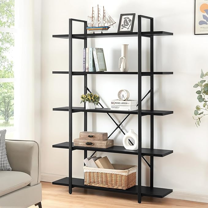 HOMISSUE Bookshelf,5-Tier Bookshelf Industrial Bookcase and Bookshelves,Rustic Storage Rack with Open Shelves for Living Room Bedroom and Kitchen - LeafyLoom