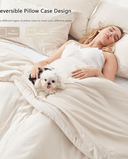 UNILIBRA Full Comforter Set 7 Pieces - Beige Bed in a Bag Full Size Soft for All Seasons - Cationic Dyeing Bedding Comforter Sets with Comforter, Flat Sheet, Fitted Sheet, Pillowcases & Shams - LeafyLoom