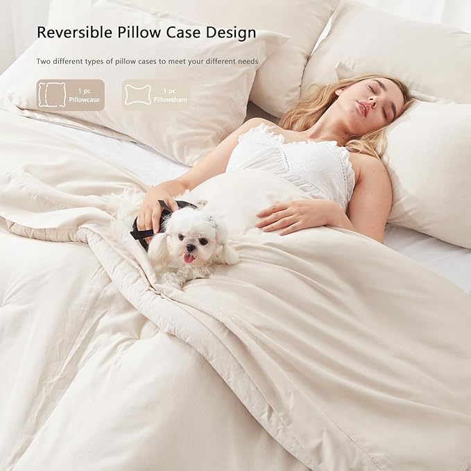 UNILIBRA King Comforter Set 7 Pieces - Beige Bed in a Bag King Size Soft for All Seasons - Cationic Dyeing Bedding Comforter Sets with Comforter, Flat Sheet, Fitted Sheet, Pillowcases & Shams - LeafyLoom