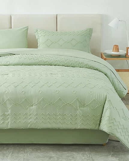 EMME Queen Comforter Set - 7 Pcs Sage Green Boho Bedding Sets, Full Size Tufted Comforter with Sheets, Shabby Chic Embroidery Queen Bed Set Fluffy Bed Bag for All Season(90"X90") - LeafyLoom