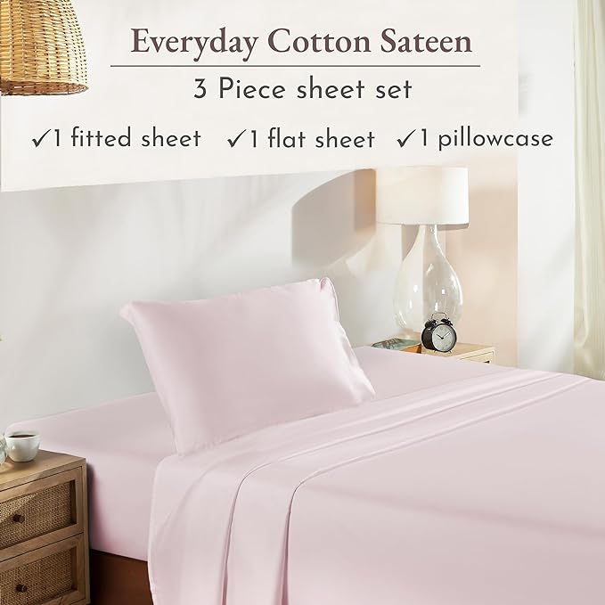 California Design Den Soft Twin Size Bed Sheets Cotton, 3 Piece Twin Sheet Set with Sateen Weave, Cooling Sheets - Pink - LeafyLoom