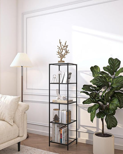 5-Tier Bookshelf,Metal Bookcase,Tempered Glass Shelves,Storage Rack Shelf for Home Office,Living Room,Bedroom, Bathroom,Modern Style, Black - LeafyLoom
