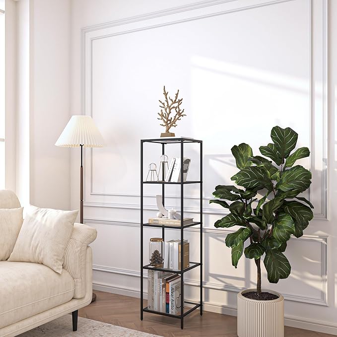 5-Tier Bookshelf,Metal Bookcase,Tempered Glass Shelves,Storage Rack Shelf for Home Office,Living Room,Bedroom, Bathroom,Modern Style, Black - LeafyLoom