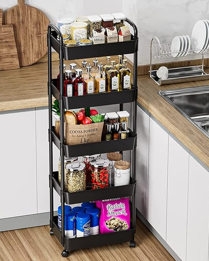 5-Tier Rolling Cart, Multipurpose Utility Cart, Rolling Carts with Lockable Wheels, Storage Cart Craft Cart Organizer for Bathroom Laundry Kitchen,Used as book art snack lash makeup diaper cart,Black - LeafyLoom