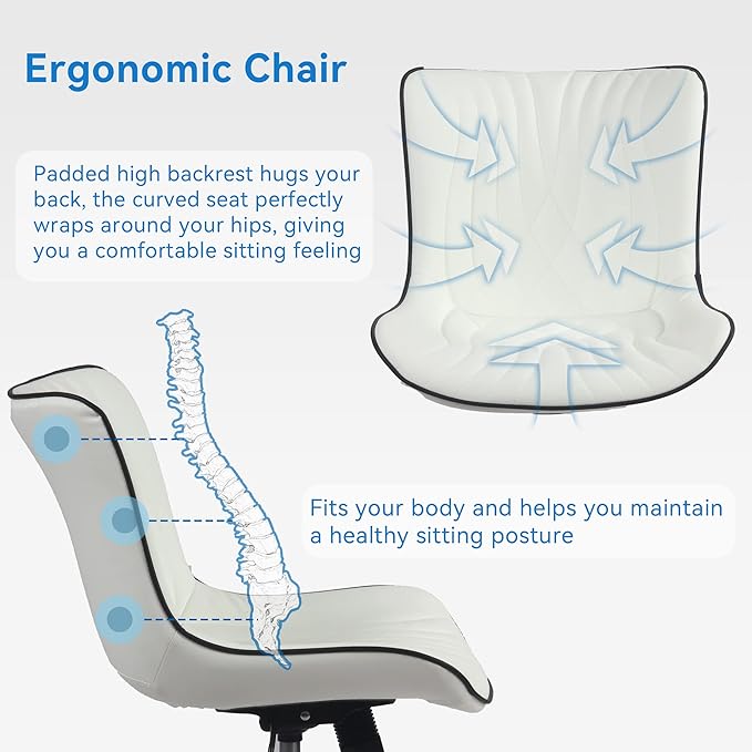 YOUNIKE Office Chair, Armless Desk Chair with Wheels, Home Office Computer Task Chairs, Modern Faux Leather Upholstered Vanity Chair, Adjustable Swivel Rocking Office Chair with Back, White - LeafyLoom