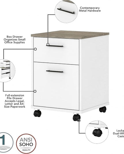 Bush Furniture Key West 60W L Shaped Desk with 2 Drawer Mobile File Cabinet in Pure White and Shiplap Gray - LeafyLoom