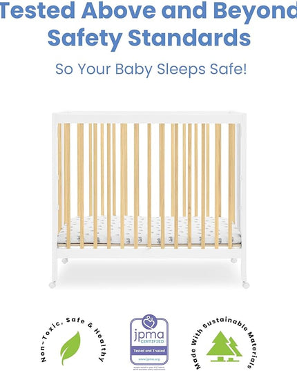 Delta Children Mia Portable Folding Mini Crib with 1.5-Inch Mattress - Greenguard Gold Certified, Bianca White/Natural - LeafyLoom