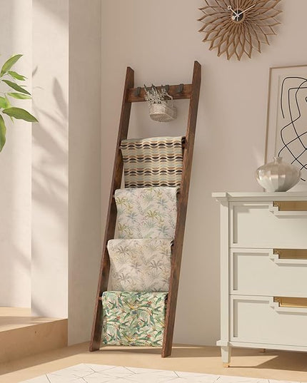 IBUYKE 5-Tier Blanket Ladder Shelf,Ladder Rack for Storage and Decor,Wooden Blanket Holder with Hooks,Easy Assembly for Bedroom,Rustic Brown TTR006H - LeafyLoom