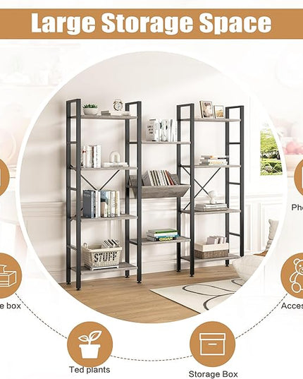 Shintenchi Industrial Bookcase,71.6” Triple 4 Tier Bookshelf with 11 Open Display Shelves,Large Etagere Bookshelf Open Record Player Shelves,Wide Book Shelf Book Case for Home & Office, Grey - LeafyLoom