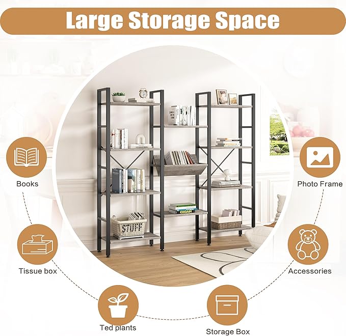 Shintenchi Industrial Bookcase,71.6” Triple 4 Tier Bookshelf with 11 Open Display Shelves,Large Etagere Bookshelf Open Record Player Shelves,Wide Book Shelf Book Case for Home & Office, Grey - LeafyLoom
