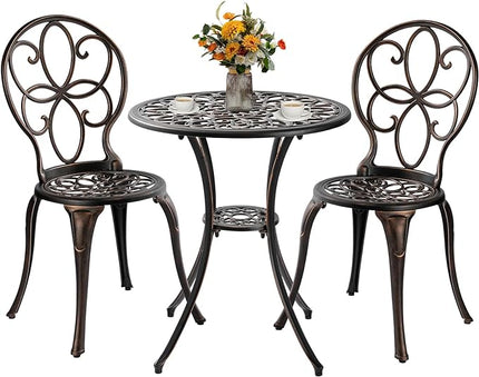 3 Piece Outdoor Bistro Set, Cast Aluminum Bistro Table and Chairs Set, Weather Resistant Patio Metal Bistro Sets, Patio Table Set with Umbrella Hole for Balcony Backyard Garden - LeafyLoom
