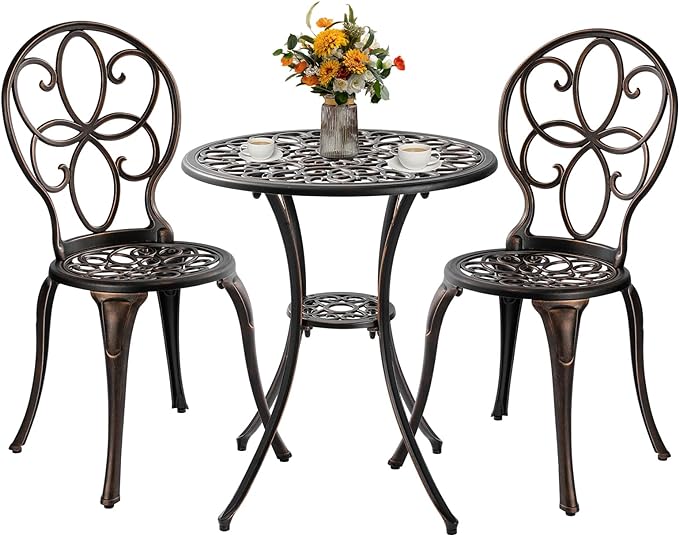 3 Piece Outdoor Bistro Set, Cast Aluminum Bistro Table and Chairs Set, Weather Resistant Patio Metal Bistro Sets, Patio Table Set with Umbrella Hole for Balcony Backyard Garden - LeafyLoom
