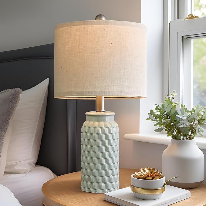 20.5 inches Modern Ceramic Green Bedside Lamp Set of 2 for Bedroom Decor Farmhouse Table Lamp for Living Room Office Dorm - LeafyLoom