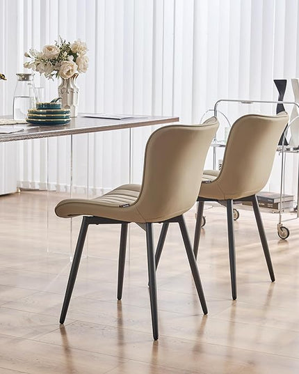 YOUNUOKE Khaki Dining Chairs Set of 2 Upholstered Mid Century Modern Kitchen Chairs Armless Faux Leather Side Chair with Padded Back Metal Legs for Living Room Bedrooms - LeafyLoom