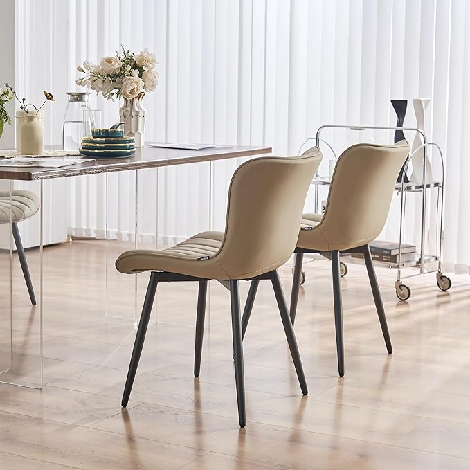 YOUNUOKE Khaki Dining Chairs Set of 2 Upholstered Mid Century Modern Kitchen Chairs Armless Faux Leather Side Chair with Padded Back Metal Legs for Living Room Bedrooms - LeafyLoom
