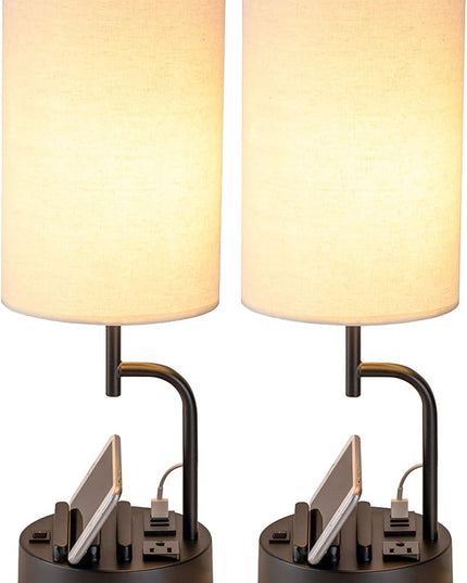 Dreamholder Table Lamp with 3 USB Charging Ports, Modern Desk Lamp with AC Outlet and Phone Stands, Perfect Bedside Lamp for Bedroom, Living Room, Office (Pack of 2), Cream - LeafyLoom