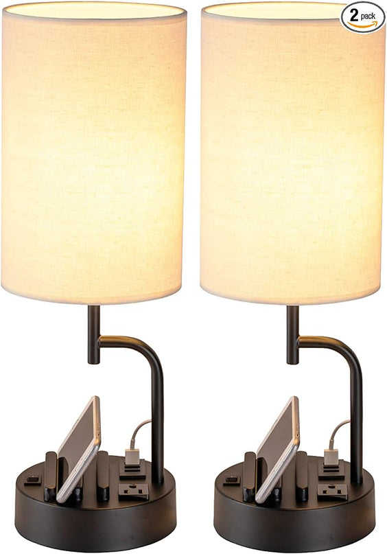 Dreamholder Table Lamp with 3 USB Charging Ports, Modern Desk Lamp with AC Outlet and Phone Stands, Perfect Bedside Lamp for Bedroom, Living Room, Office (Pack of 2), Cream - LeafyLoom
