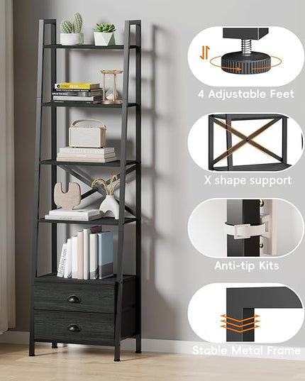 Furologee 5-Tier Ladder Shelf with 2 Drawers,Narrow Bookshelf Storage Shelves,Industrial Bookcase Freestanding Shelf Units for Bedroom,Living Room,Bathroom,Home Office,Balcony,Wood Metal, Black Oak - LeafyLoom