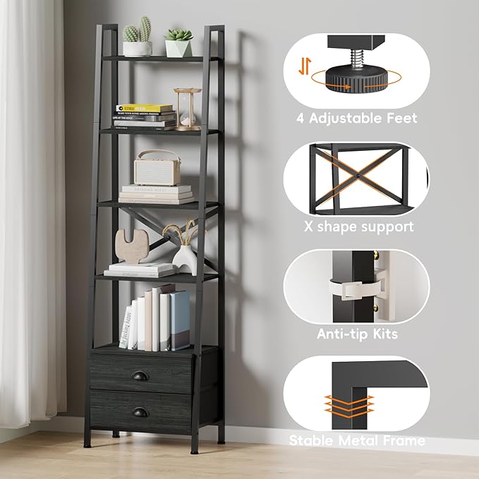 Furologee 5-Tier Ladder Shelf with 2 Drawers,Narrow Bookshelf Storage Shelves,Industrial Bookcase Freestanding Shelf Units for Bedroom,Living Room,Bathroom,Home Office,Balcony,Wood Metal, Black Oak - LeafyLoom