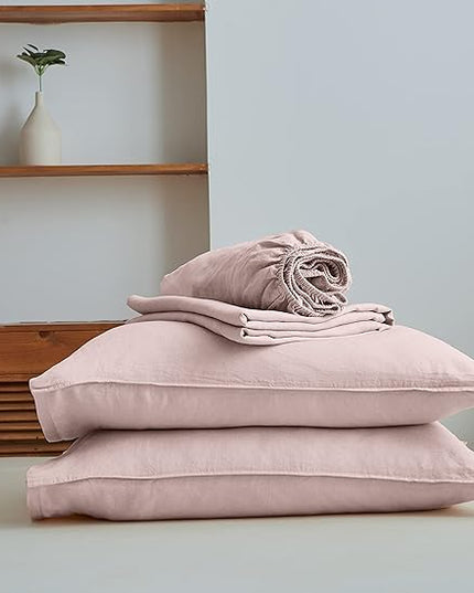 Simple&Opulence 100% Linen Sheet Set Solid Color-4 Pcs Washed French Linen Bed Sheets(1 Flat Sheet,1 Fitted Sheet,2 Pillowcases)-Breathable Bedding Set (King, Blush Pink) - LeafyLoom