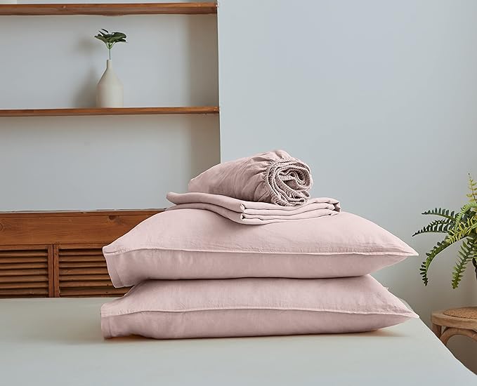Simple&Opulence 100% Linen Sheet Set Solid Color-4 Pcs Washed French Linen Bed Sheets(1 Flat Sheet,1 Fitted Sheet,2 Pillowcases)-Breathable Bedding Set (King, Blush Pink) - LeafyLoom