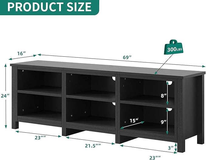 YITAHOME Modern TV Stand for TV up to 80/75/70/65 Inch, Classic Detachable 6 Cubby Media Entertainment Center Console Table with 6 Open Storage Shelves & Cabinets for Living Room, 69'', Black - LeafyLoom