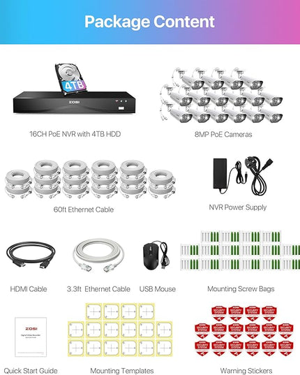 ZOSI 24CH 4K Security Camera System,16pcs 4K Outdoor PoE Cameras,Face/Person/Vehicle Detection,Spotlight Siren,2 Way Audio,Night Vision,16 Port 24CH 8MP Dual-Disk NVR with 4TB HDD for 24/7 Recording ZOSI