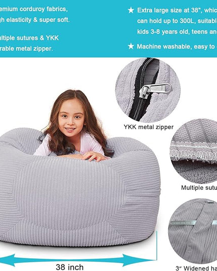 Stuffed Animal Storage Bean Bag Chair Cover for Kids, 38" Beanbag Chairs Cover Plush Toys Organizer Super Soft Corduroy with Handle and Zipper for Boys and Girls - Grey - LeafyLoom