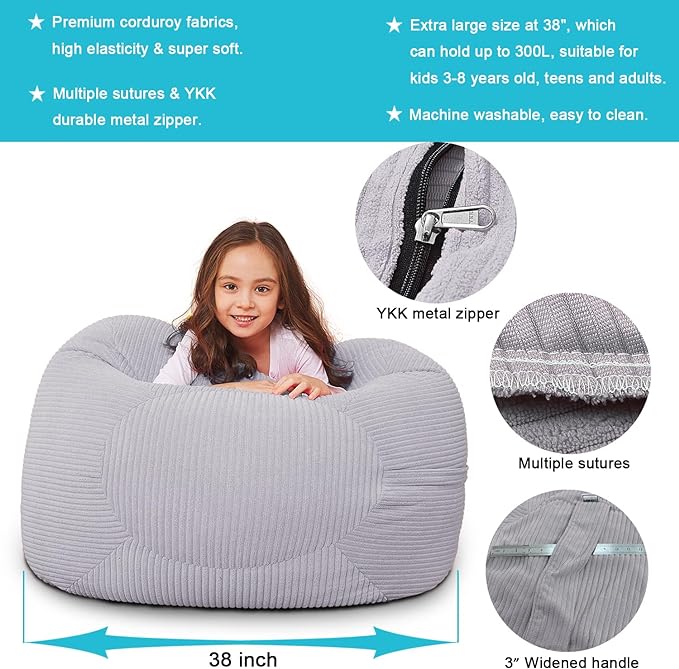 Stuffed Animal Storage Bean Bag Chair Cover for Kids, 38" Beanbag Chairs Cover Plush Toys Organizer Super Soft Corduroy with Handle and Zipper for Boys and Girls - Grey - LeafyLoom