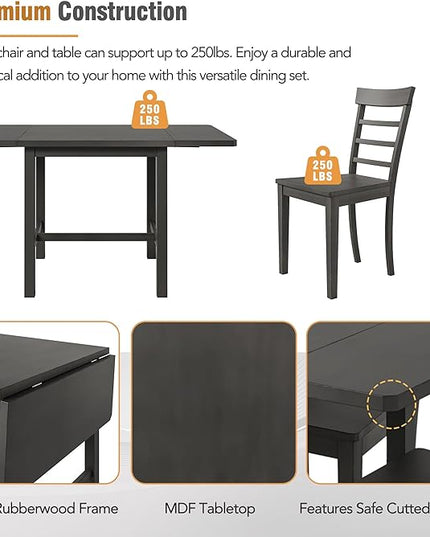 NicBex Dining Table Set for 4 Kitchen Table Set 5-Piece Wood Square Drop Leaf Breakfast Nook Extendable Dining Table Set with 4 Ladder Back Chairs for Small Places, Gray - LeafyLoom