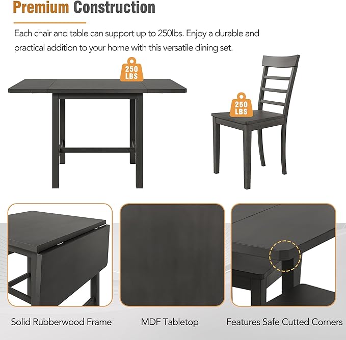 NicBex Dining Table Set for 4 Kitchen Table Set 5-Piece Wood Square Drop Leaf Breakfast Nook Extendable Dining Table Set with 4 Ladder Back Chairs for Small Places, Gray - LeafyLoom