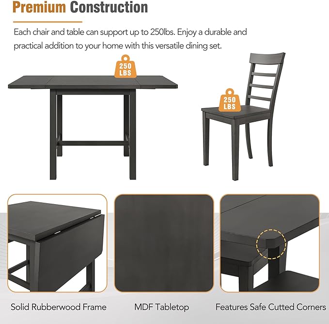 Modern Style Square Drop Leaf Extendable 4 Ladder Back Chairs and 1, Rubber Wood, Easy Assembly&Maintenance, Room Kitchen, 5 Piece Dining Table Set, Gray 13 - LeafyLoom