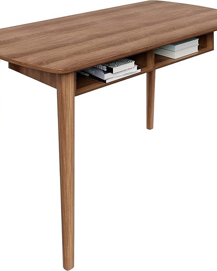 Modern Design By Crafts & comfort Monza Computer Desk, Mid Century Desk with Recessed Drawers, Writing Desk for Small Area - Walnut/Walnut - LeafyLoom