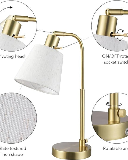 Globe Electric 61000057 16" Desk Lamp, Matte Brass Finish, White Linen Shade, Pivot Joint, On/Off Rotary Switch on Socket, E26 Base Bulb, Lamp for Living Room, Home Office, Home Improvement - LeafyLoom