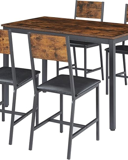 Dining Table Set for 4, Industrial Metal Wood 47.2" Kitchen Dining Table with 4 Upholstered PU Leather Chairs, Indoor Modern Furniture Set for Dining Room, Dinette, Breakfast Nook, Rustic Brown - LeafyLoom
