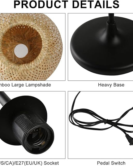 Japanese Style Bamboo Floor Lamp Rattan Handwoven Modern Standing Lighting Black Metal Legs Industrial Vintage Farmhouse Tall Floor Light Fixture for Living Room, Bedroom,Office Without E26 Bulb - LeafyLoom