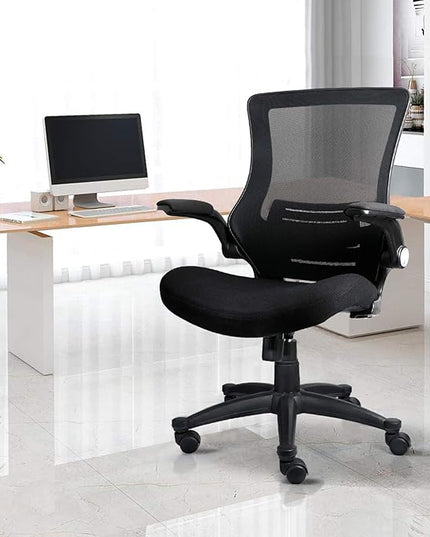 Ergonomic Mesh Office Chair Mid Back Swivel Desk Chair Black Computer Chair with Flip-Up Armrests Lumbar Support Adjustable Height Task Chairs - LeafyLoom