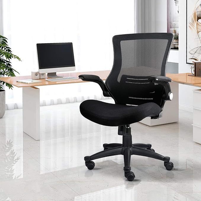 Ergonomic Mesh Office Chair Mid Back Swivel Desk Chair Black Computer Chair with Flip-Up Armrests Lumbar Support Adjustable Height Task Chairs - LeafyLoom