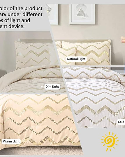 Girls Comforter Set Twin Size Cream Bedding Set Cute Metallic Gold Bed Comforter 3 Piece Lightweight Microfiber Comforter for Kids Teen - LeafyLoom