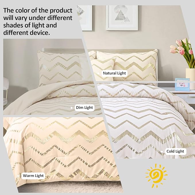 Girls Comforter Set Twin Size Cream Bedding Set Cute Metallic Gold Bed Comforter 3 Piece Lightweight Microfiber Comforter for Kids Teen - LeafyLoom