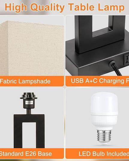 22" Tall Living Room Lamps for Night Stands - Touch Bedside Lamp with USB C+A, 3 Way Dimmable bedroom Lamps for End Tables Set of 2, Modern Night Stand Lamps for Bed Side(Beige&Black) - LeafyLoom