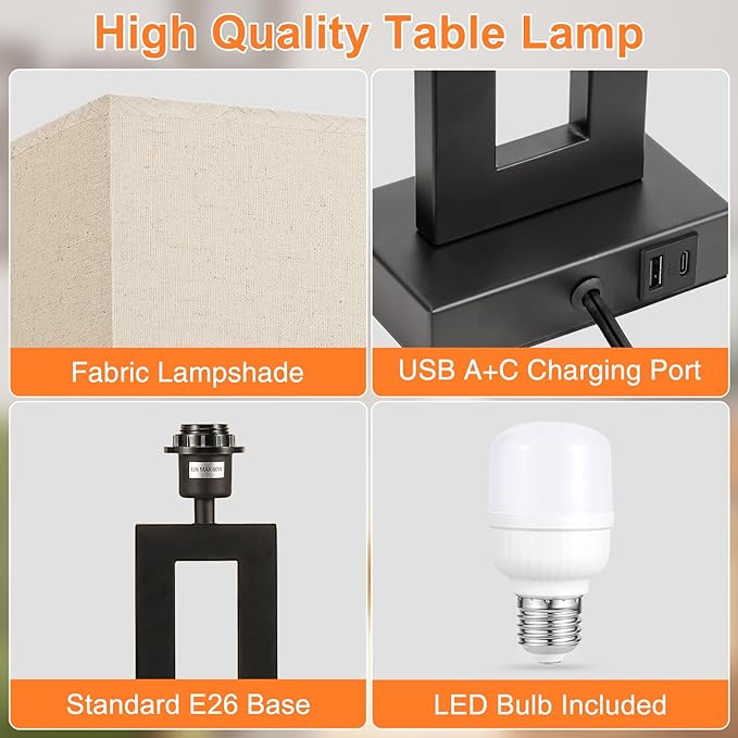 22" Tall Living Room Lamps for Night Stands - Touch Bedside Lamp with USB C+A, 3 Way Dimmable bedroom Lamps for End Tables Set of 2, Modern Night Stand Lamps for Bed Side(Beige&Black) - LeafyLoom