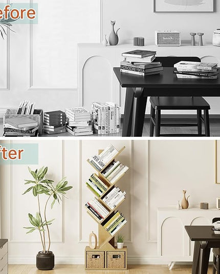 Vagusicc 6 Tier Tree Bookshelf - Retro Shelf Floor Standing Bookcase with Baskets, Tall Wood Book Storage Rack for Books/CDs, Tree Utility Book Organizer Shelves for Living Room, Home Office, Bedroom - LeafyLoom