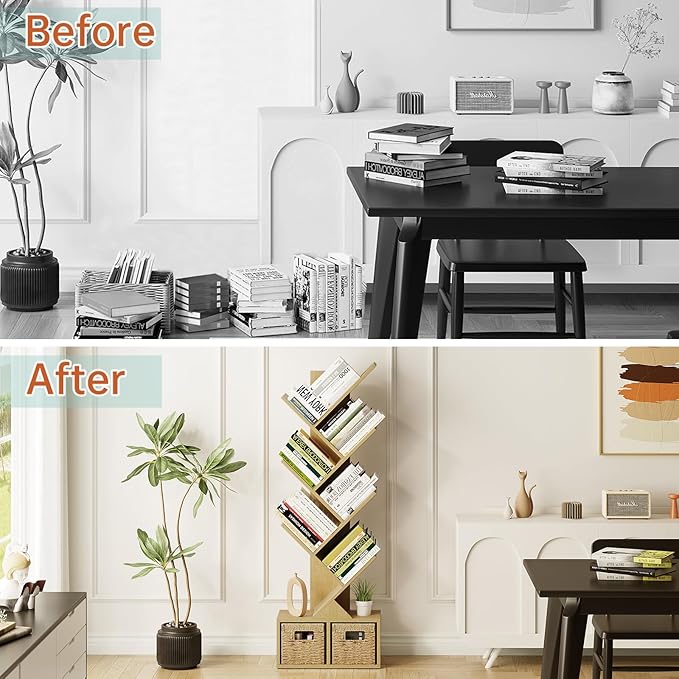 Vagusicc 6 Tier Tree Bookshelf - Retro Shelf Floor Standing Bookcase with Baskets, Tall Wood Book Storage Rack for Books/CDs, Tree Utility Book Organizer Shelves for Living Room, Home Office, Bedroom - LeafyLoom