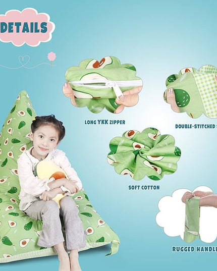 Stuffed Animal Storage Bean Bag Chair Cover, Cotton Green Avocado Plush Toy Storage Stuff and Sit Seat for Kids/Teens/Adults, 52" x 31" Extra Large Triangle Floor Sofa, 200L/52Gal, Cover Only - LeafyLoom