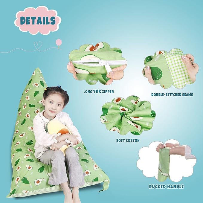 Stuffed Animal Storage Bean Bag Chair Cover, Cotton Green Avocado Plush Toy Storage Stuff and Sit Seat for Kids/Teens/Adults, 52" x 31" Extra Large Triangle Floor Sofa, 200L/52Gal, Cover Only - LeafyLoom