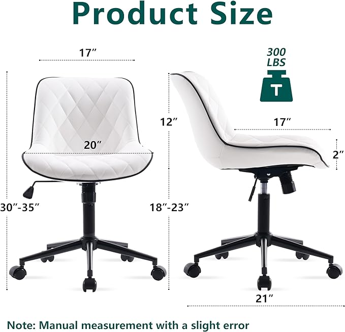 YOUNUOKE Comfortable Desk Chair, Home Office Chairs with Wheels, Armless Samll Comfy Vanity Chairs, PU Leather Computer Task Work Desk Chairs, White - LeafyLoom